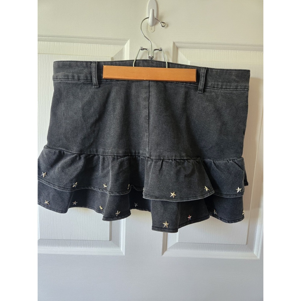 Social Collision Black Jean Mini Skirt Star Studs Ruffles Pockets Preppy Goth 2X - Picture 2 of 3